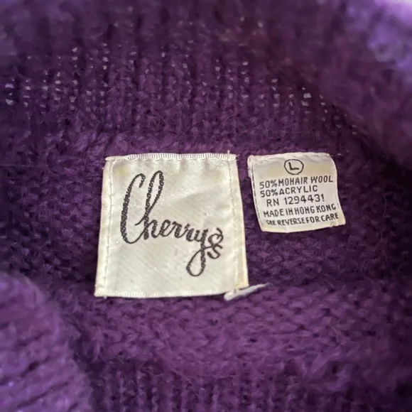 VTG Cherry’s 80s Womens Plum Purple Wool Sweater Colorful Grannycore Mockneck - Picture 3 of 6